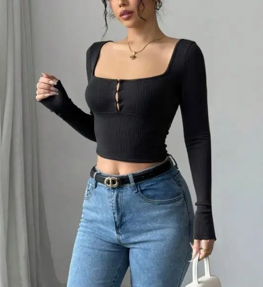 

Top Women 2026 New Spring Summer Sexy Spicy Girl Square Neck Long Sleeved Slim Fit Solid Color Daily Basic Crop Top