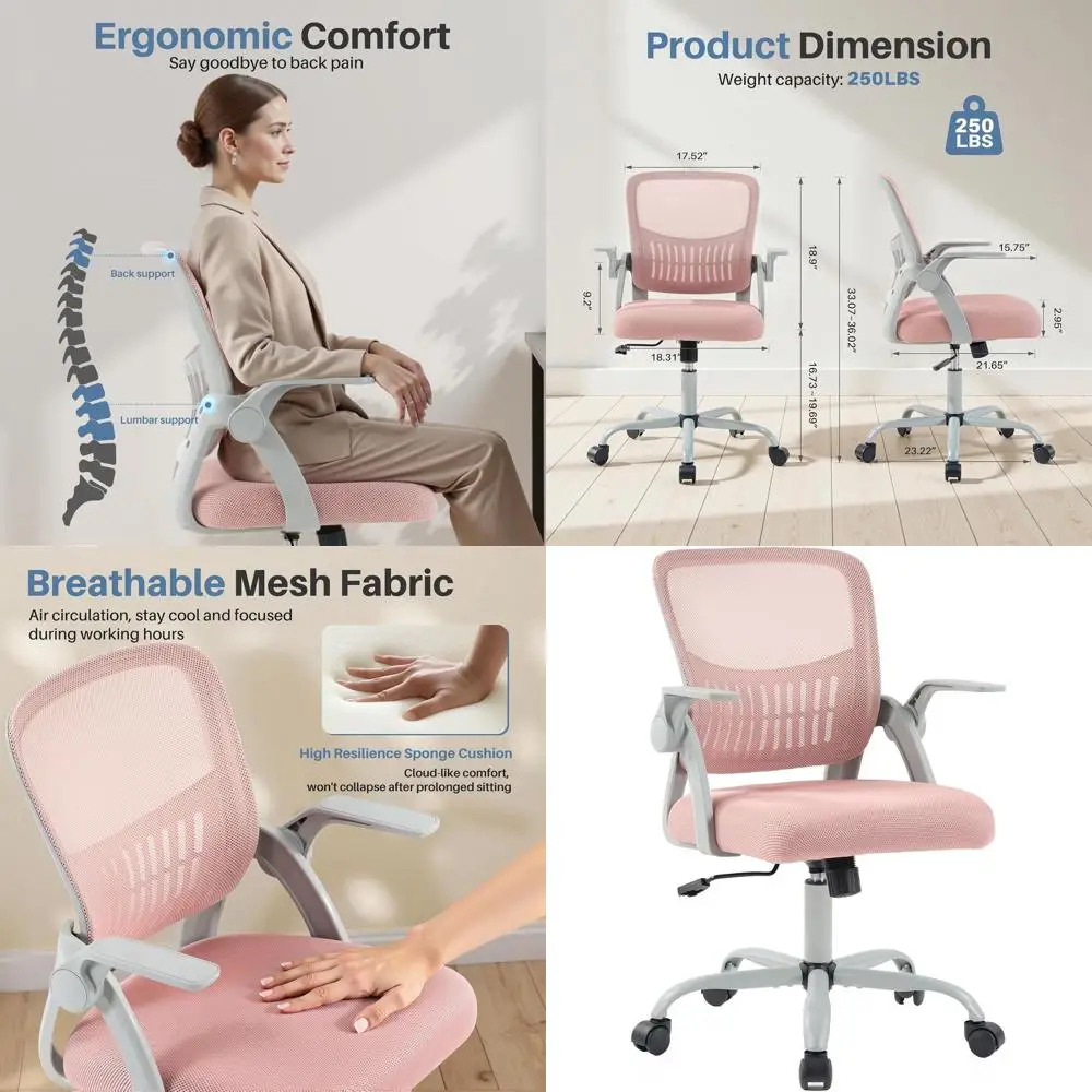 

Ergonomic Office Chair with Lumbar Support, Adjustable Height, 360° Swivel, Pink for Adults and Conference Rooms