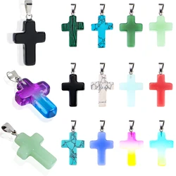 10PCS Natural Stone Cross Pendant, Crystal Quartz Chakra Reiki Gemstone Pendants Charms Bulk for DIY Necklace Jewelry Making