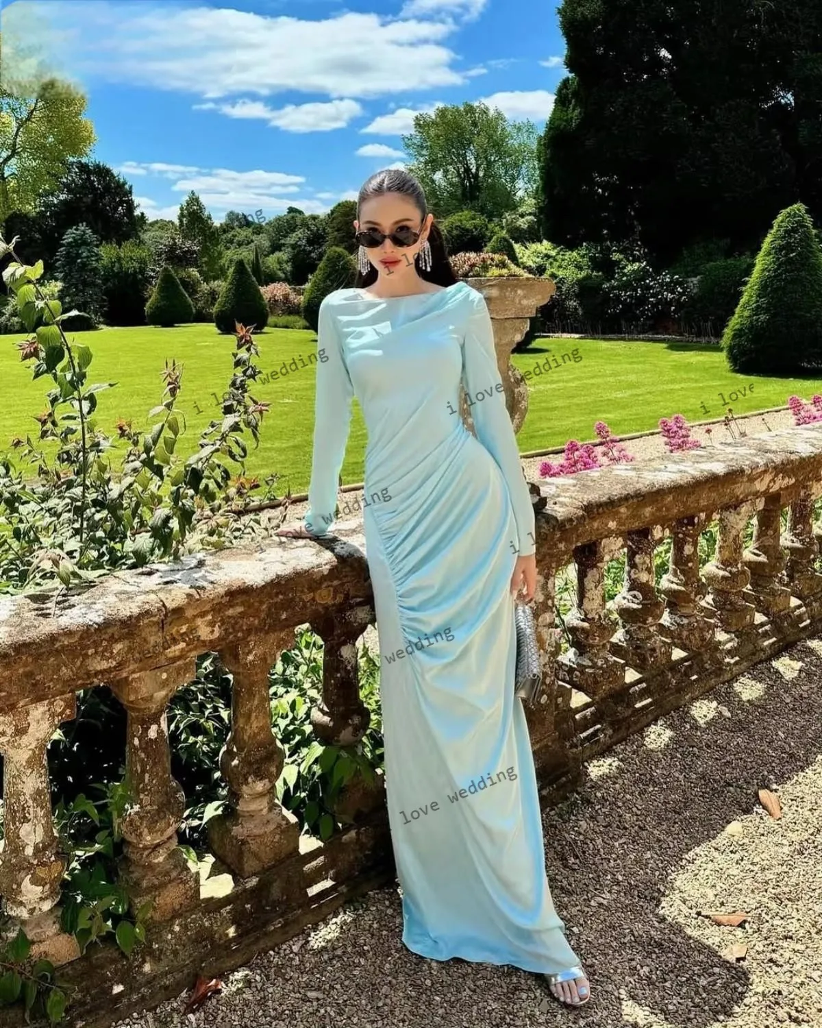 Vestidos de noite 2025 céu azul vestido de festa de casamento para mulher alta pescoço cetim manga longa ruched até o chão elegante personalizado