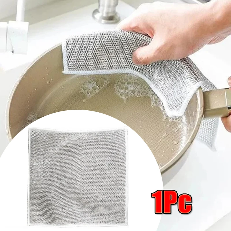 1Pc Metal Steel Wire Rags Cloth Home Kitchen Pot Pan Dishwashing Double-Sided Dishcloth Cleaning Cloths Towel Scrubber Rag