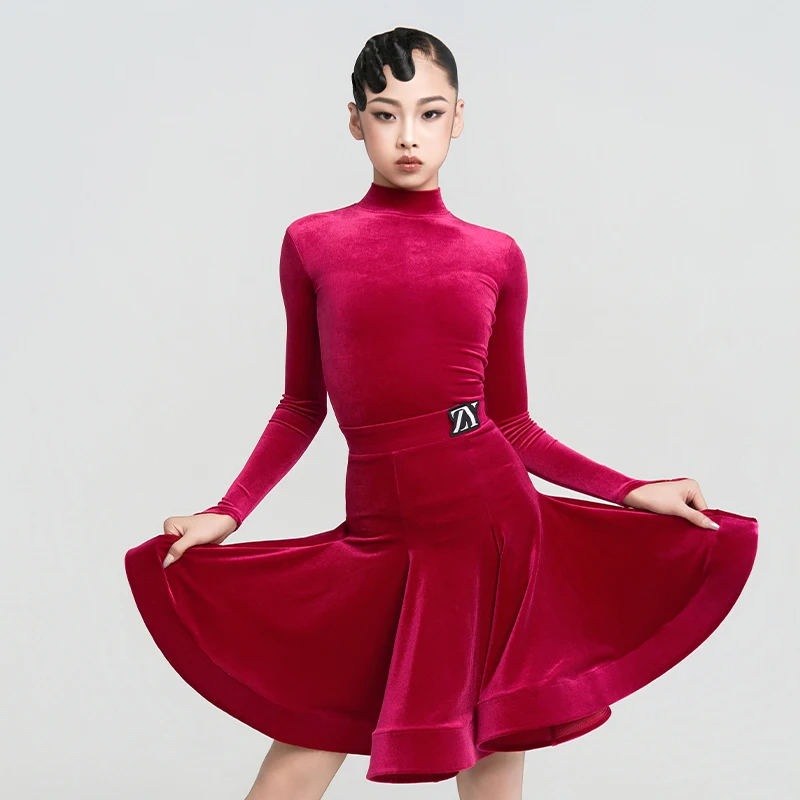 2025年新作 ガールズ競技用スプリットスーツ ラテンダンス衣装 ハイネックトップ フィッシュボーンスカート チャチャ サンバ 練習着 DQL12172