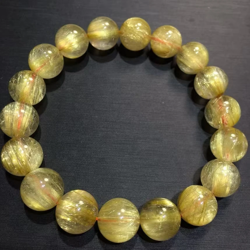 Natural Gold Rutilated Quartz Titanium Clear Round Bracelet 11mm Wealthy Woman Men Clear Round Beads Jewelry Brazil AAAAAAA