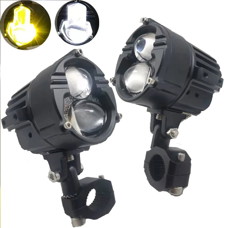 

LED Laser Motorcycle Headlight Dual Colors Moto LED Auxiliary Spotlight Driving Fog Lamps with Bracket Holder for Universal Car