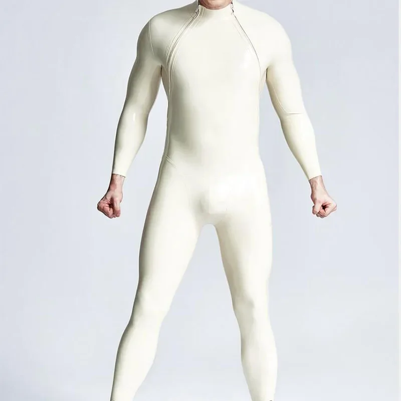 Handmade Male Black Bodysuit Latex Rubber Catsuit with Double-Diagonal Zipper Custom Made Jumpsuit Men Cosplay Costumes