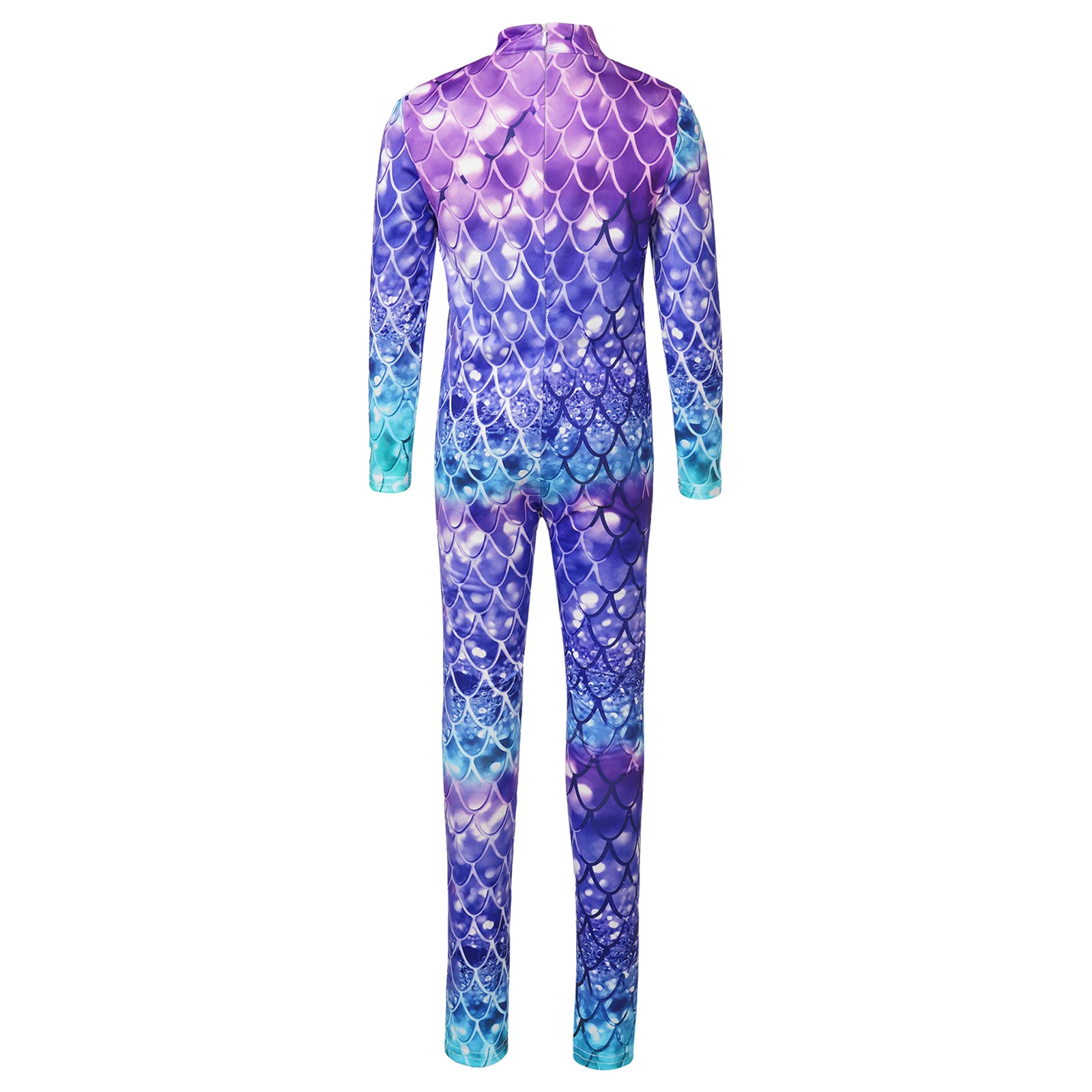 Kid Girls Mermaid Print Costume Full Length Long Sleeve Unitard Bodysuit Fish Scale Halloween Carnival Party Jumpsuit Dress Up