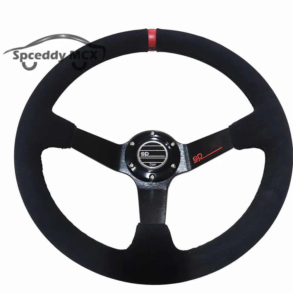 Sp Deep Dish Suede Leather Red Yellow Spoke 14inch 350mm Car Sport Steering Wheel Personalized Sports Modification Accessories