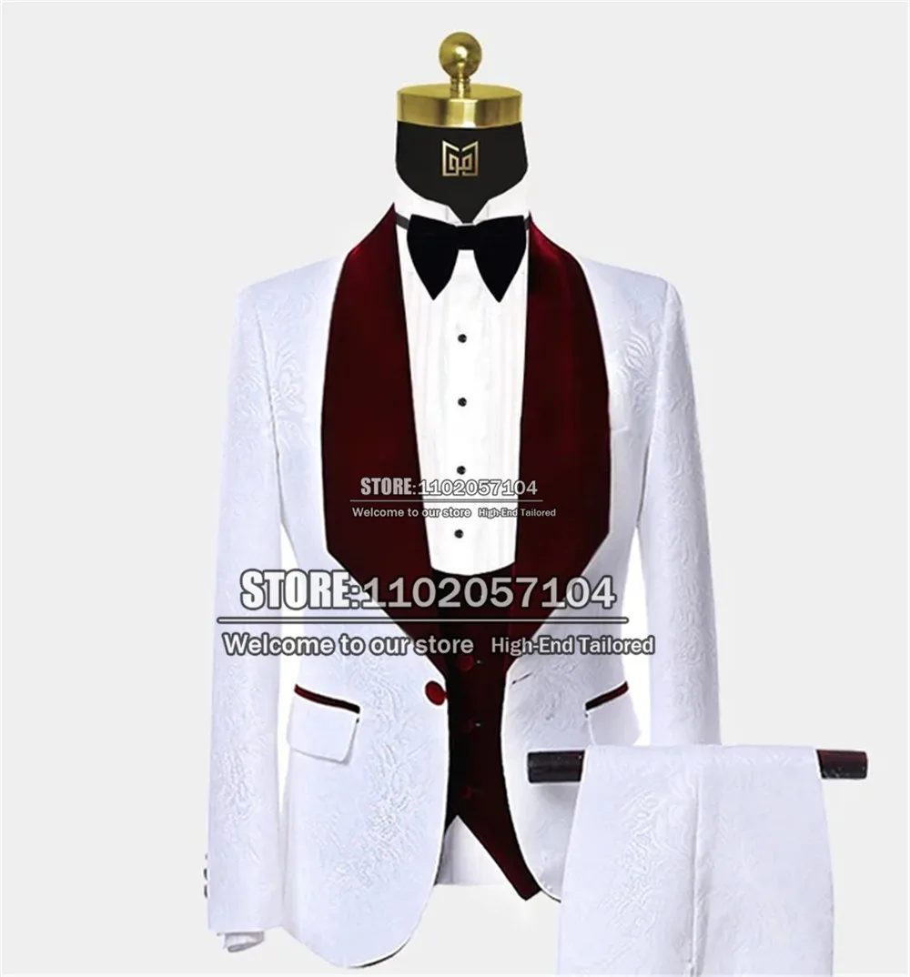 

Spring/Autumn Suits Men White Pattern Jacquard Jacket+Vest+Pants 3 Pieces Set Formal Wedding Tuxedo Velvet Lapel Coat Party Gown