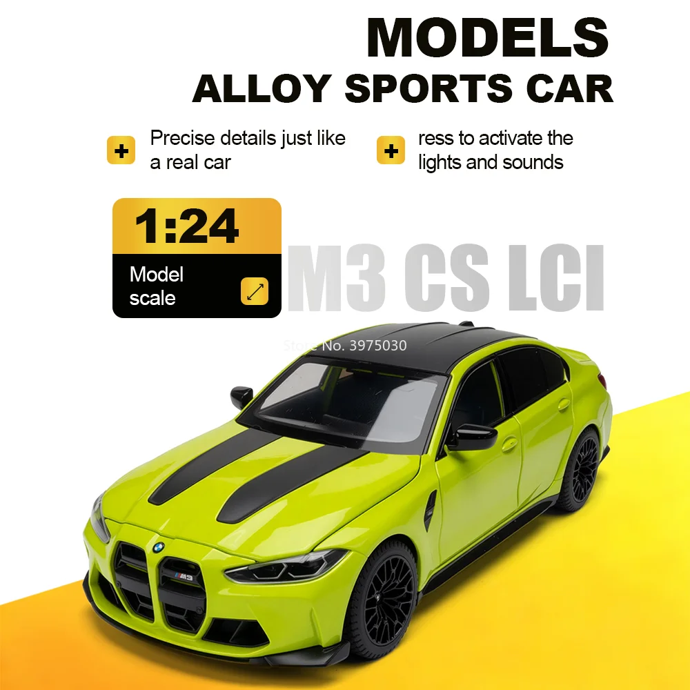 

1:24 BMW M3 CS LCI Diecast Car Alloy Toys Model Doors Opened Sound Light Pull Back Front Wheel Steering Vehice Gift for Children