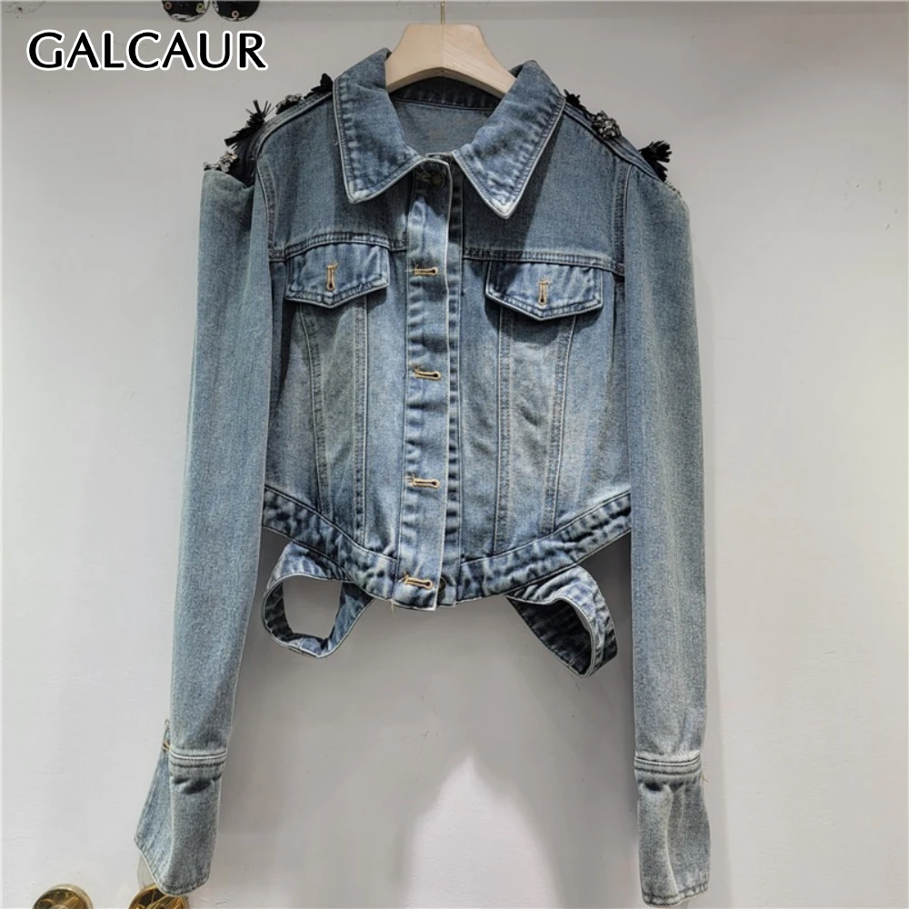 

GALCAUR Blue Spliced Lace Up Basics Jacket Female Lapel Long Sleeve Loose Streetwear Women's Summer Jackets Style Fashion New