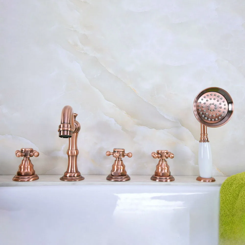 Antique Red Copper Five Hole Deck Mount Bathroom Tub Faucet Set with Handheld Shower Spray Head Mixer Tap Dtf223