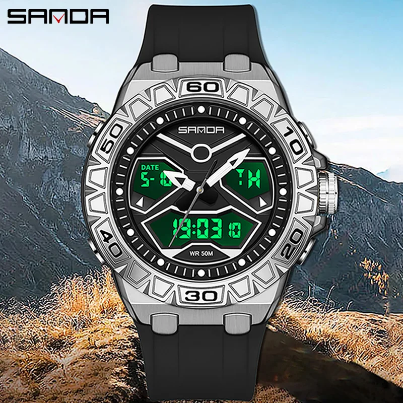 SANDA Top Brand Men\'s Sports Dual Display Quartz Chronograph Watch Waterproof Stopwatch LED Digital Men\'s Electronic Wrist watch