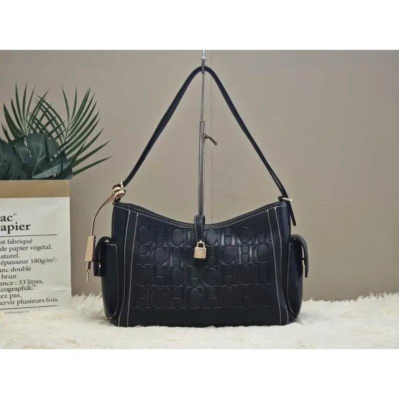 CH Womens Everyday Shoulder Bag Embossed Letter Print Gold Logo All Match Adjustable Strap Hobo Purse Daily Use