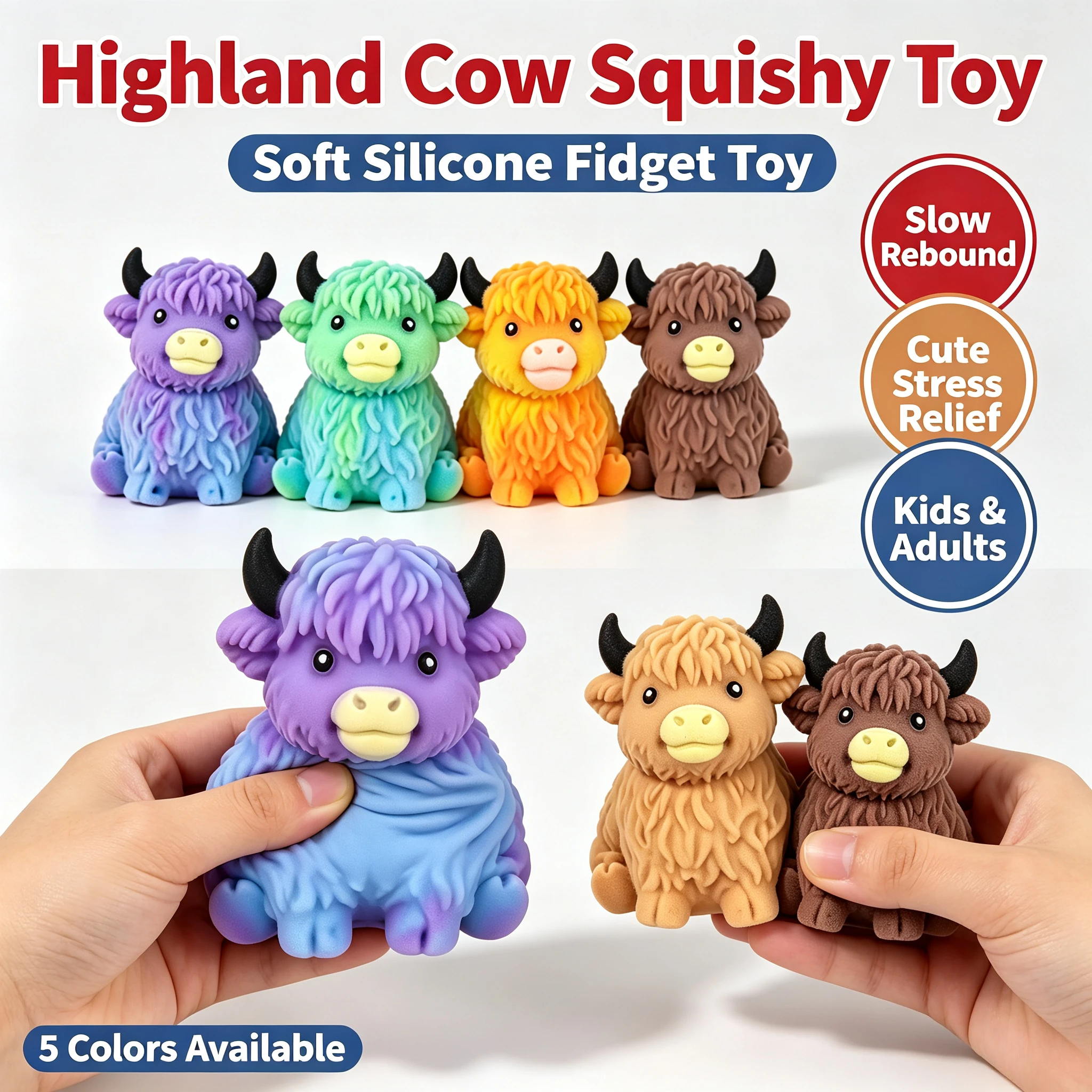 Hot Soft Highland Cow Squeeze Toy, Cute Animal Squishy Fidget Toy, Stress Relief Desktop Ornament, Birthday Gift For Kids Adults