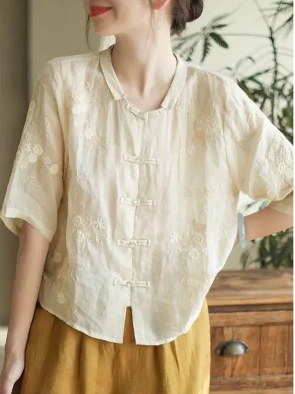 

New Chinese Style Embroidered Cotton Linen Shirt Women Summer Button up Thin Pure Color Personality Small Shirt Improved Tang...