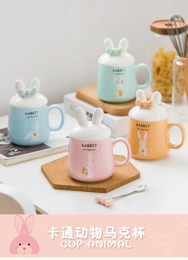 

Creative ceramic cups with LIDS and cute bunny patterns for cute home and office Christmas gifts