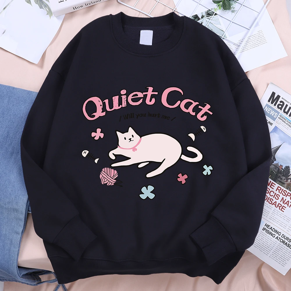 Quiet Cat Will You Hurt Me Print Men Women Hoodie Harajuku Sweatshirt Crewneck Cartoon Clothing Fleece Loose Pullover Couple