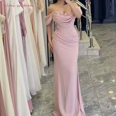Customized 2025 Pink Mermaid Jersey Maxi Evening Dress Off Shoulder Floor Length Prom Dress Saudi Arabic Party Gown