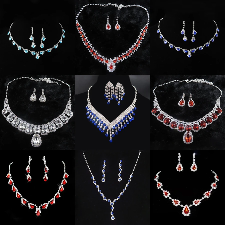 Fashion Red Crystal Women Prom Wedding Jewelry Set Decorations Rhinestone Tassel Necklace Earrings Bridal Jewelry Set