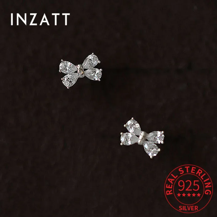 INZATT Real 925 Sterling Silver Zircon Bowknot Stud Earrings for Fashion Women Geometric Fine Jewelry Minimalist Accessories