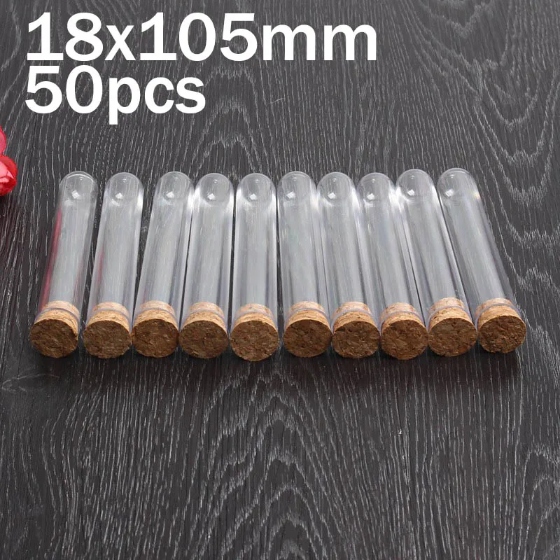 50pcs/lot 18x105mm Transparent Plastic Round Bottom Test Tube With Cork Stopper Empty Scented tea Tubes like glass