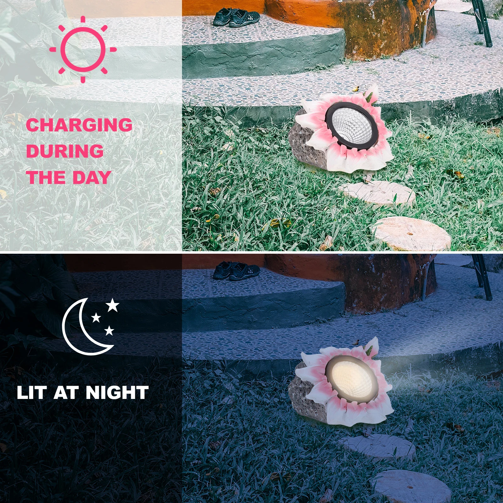 

1pc Solar Energy Waterproof Resin Flower Stone Garden Lamp Decorative Outdoor Lawn Light Rechargeable Landscape Yard Light For