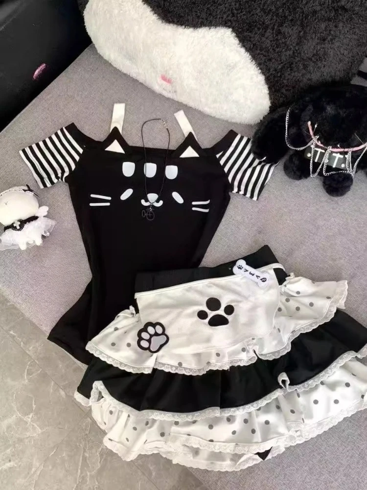 

Harajuku японские летние милые комплекты из 3 предметов Y2k женские дизайнерские полосатые топы + фартук + юбка-тортик винтажные женские кавайные новые наряды