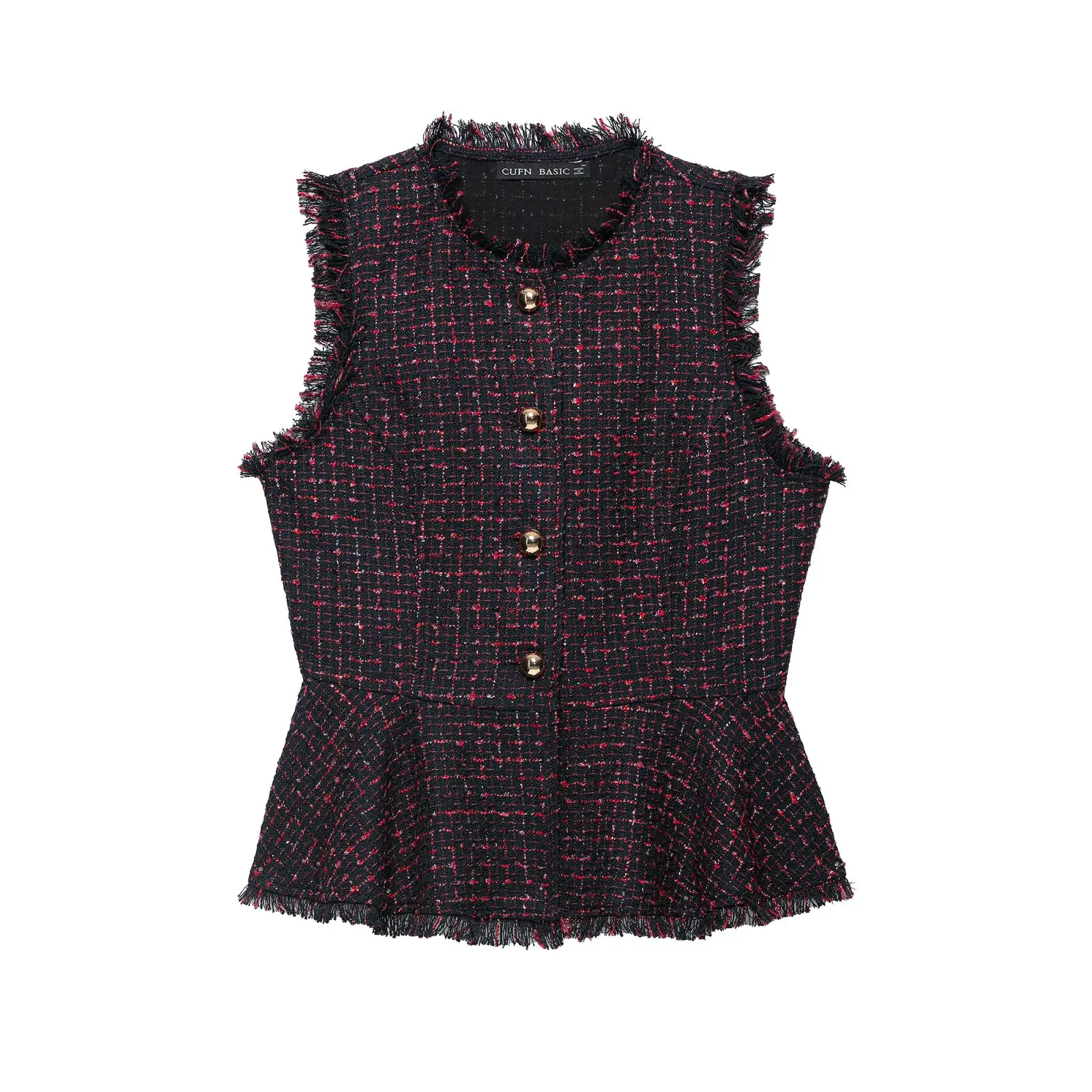 KLKXMYT Damen Tweed Ärmellose Weste Metall Einreihige Kurze Weste Vintage 2026 Herbst Mode Weste Mantel – Detail 3