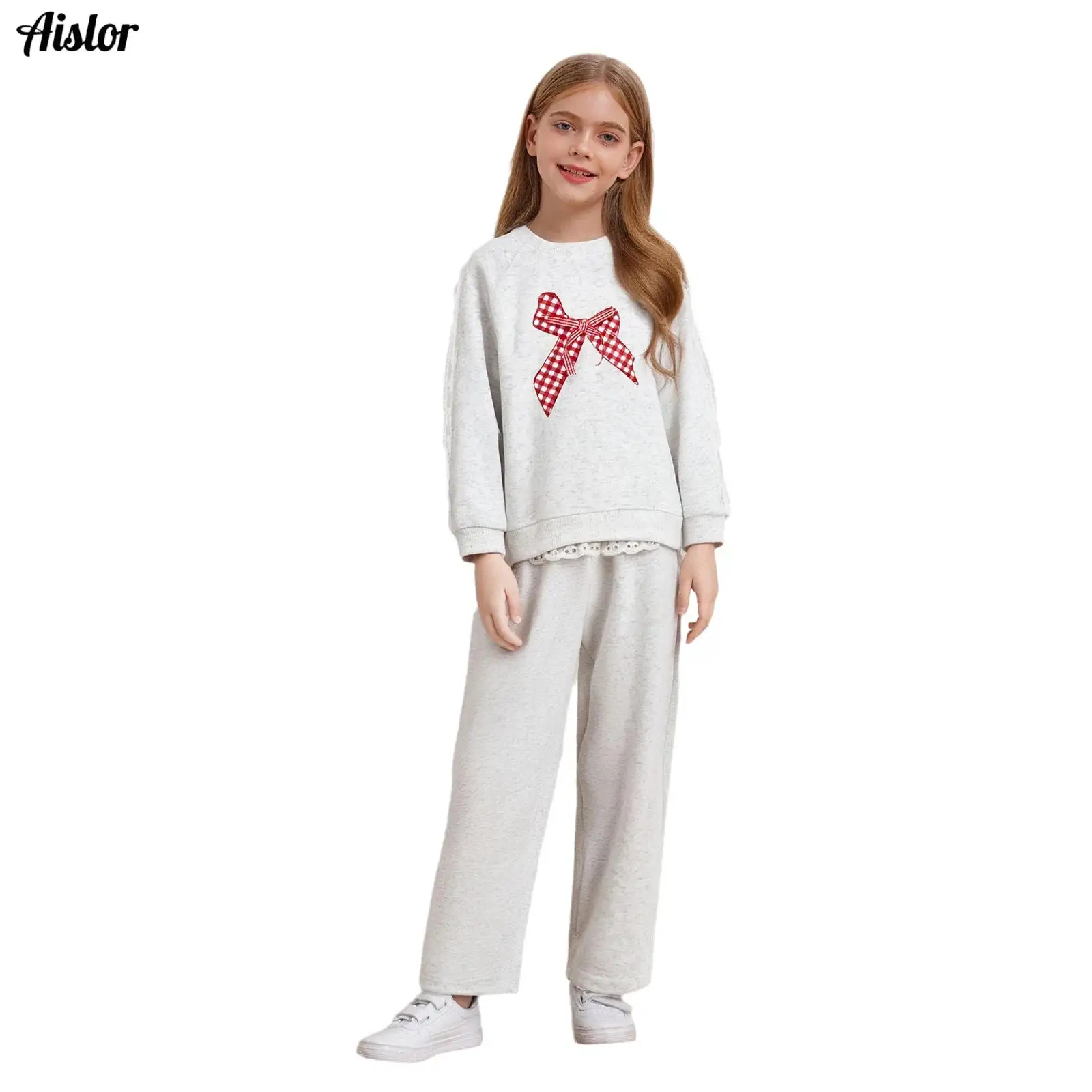 

Детский повседневный спортивный костюм для девочек, милый пуловер с кружевной отделкой и круглым вырезом, длинными рукавами и бантом, топ, толстовка с эластичным поясом, брюки