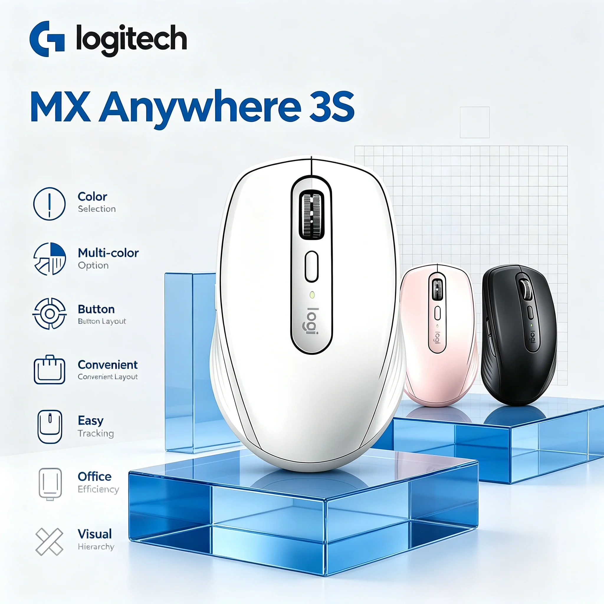 Logitech MX Anywhere 3S Multi Computer Switch Wireless Mouse Bluetooth Rechargeable Portable Office Mice