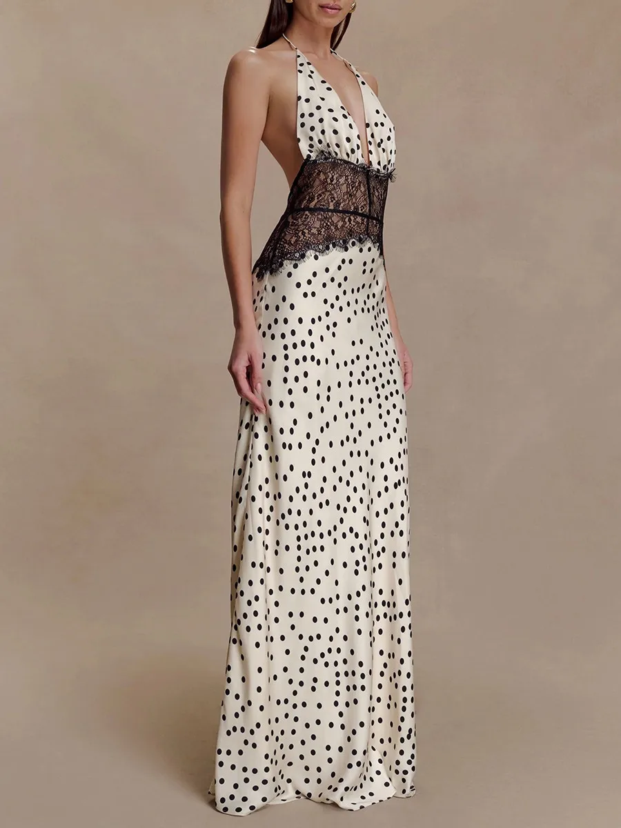 TWOTWINSTYLE ضرب اللون تقسم موجة نقطة فستان أنيق للنساء الرسن أكمام تونك شير تقسم الدانتيل فساتين مثيرة الإناث #3