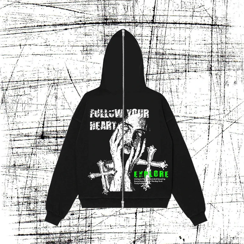 

Hoodie de zíper preto solto, pulôver solto, manga comprida, moletons retrô Harajuku, rua, novo, jaqueta Goth Hip Hop, Y2K