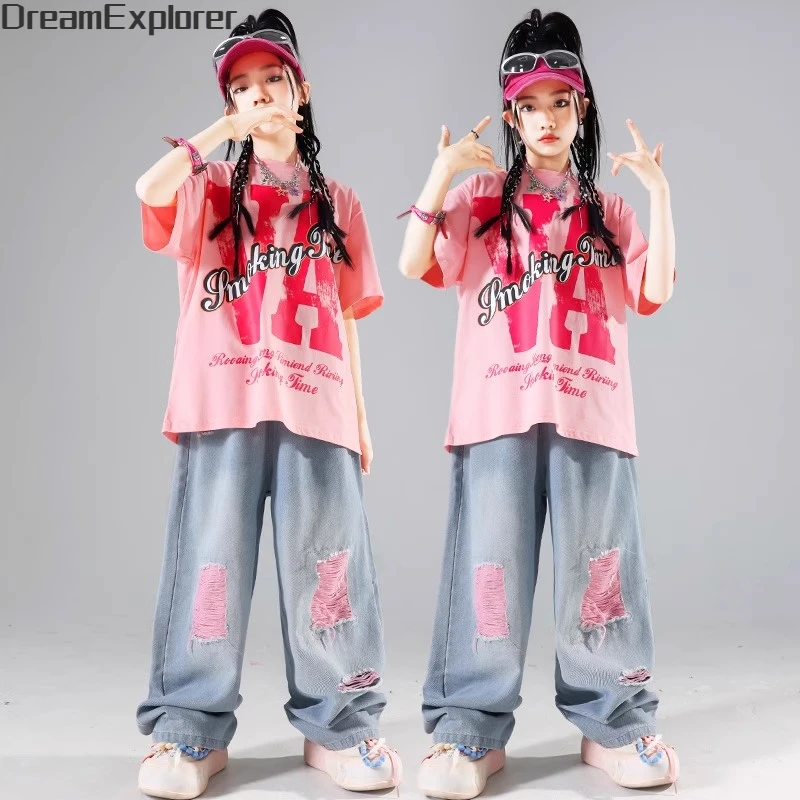 Girls Streetwear Street Dance T-shirt Pink Loose Jeans Hip Hop Clothes Sets Kids Jazz Ripped Denim Pants Outfits Teen Costumes