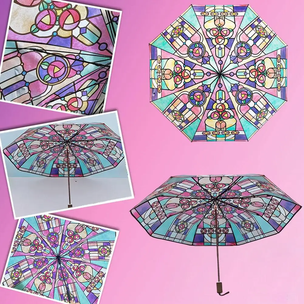 

Automatic Transparent Umbrella Stained Glass Floral Print Large Long Handle Clear Umbrella For Rain Windproof Fashion Umbrella