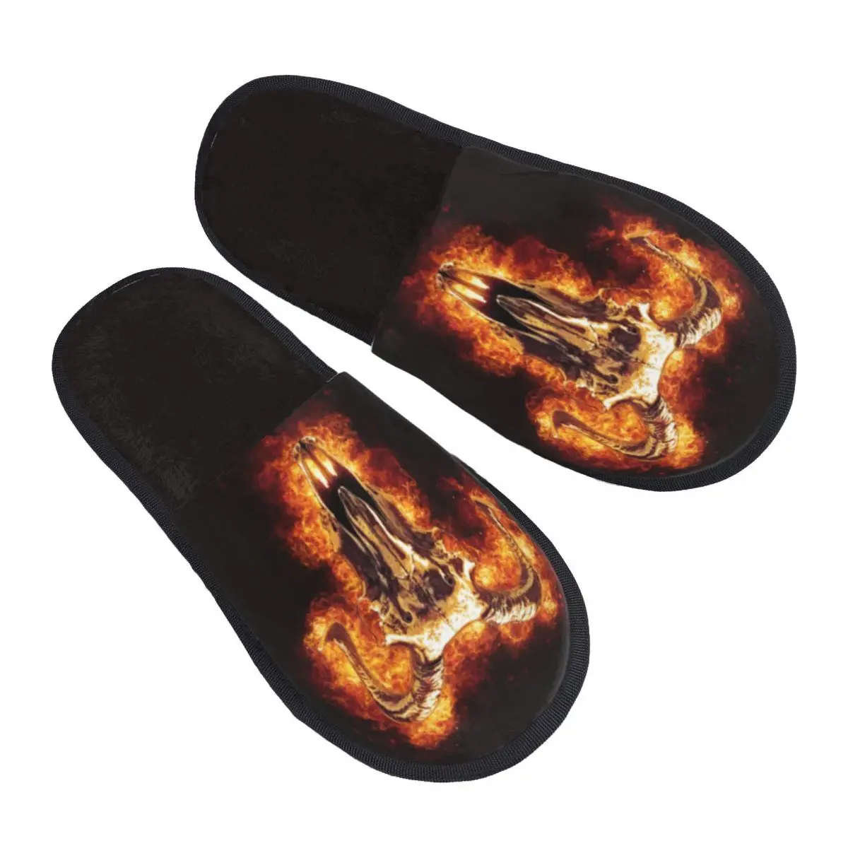 Soft Plush Cotton Chrome Ram Skull Fire Flames Slippers Shoes Non-Slip Floor Indoor Furry Slippers For Bedroom