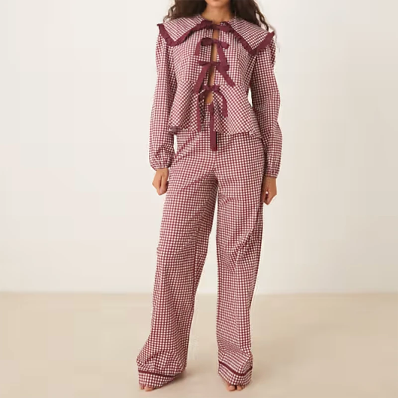 

Maemukilabe Christmas Bow Tie Plaid Pajamas Set Women Y2K Gingham Long Sleeve Babydoll Shirt + Pants Lounge Jammies Sleepwear