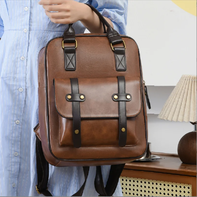 

2026 Korean Women's Fashion Classical High Quality Leather Travel Backpacks Large Capacity Shoulder Bags Preppy Style School Bag