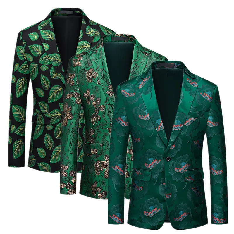 Single Breasted Green Jacquard Suit Jacket Men Clothing Fashion Trend Male Bar KTV Dance Party Dress Blazers Coats