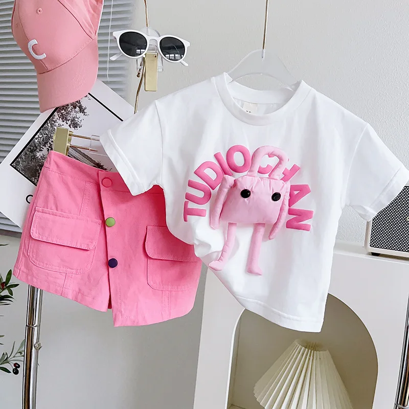 

New Product Set Girls WhiteTChic Cotton Short Sleeve Half Sleeve Baby Cute Top Irregular Shorts Two-Piece Set-WSNY