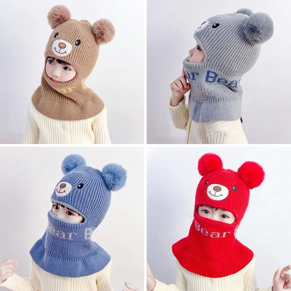 Cute Cartoon Kids Integrated Cap Scarf Knitted Windproof Beanie Hat Scarf Soft Warm Scarf Set Hooded Autumn Winter