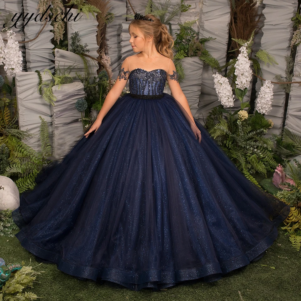 

Navy Blue Shiny Lace Tulle Short Sleeves Flower Girl Dress 2025 Princess Ball Gown For Special Occasion Bridesmaid Wedding Party