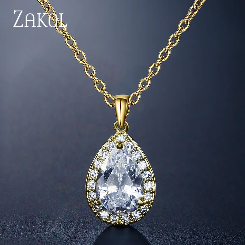 ZAKOL Trendy Water Drop Zircon Chain Pendant Necklaces Sparkling Tear Simple Zirconia Crystal Wedding Jewelry For Women FSNP3002
