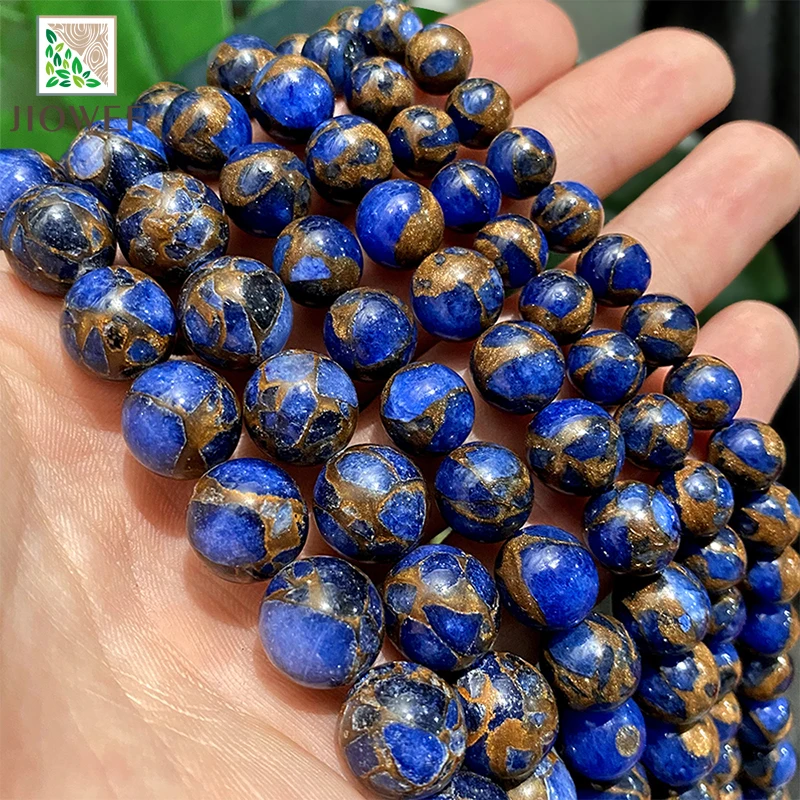 Natural Stone Beads Dark Blue Golden Lace Cloisonne Round Beads for Jewelry Making Diy Handmade Bracelet 15