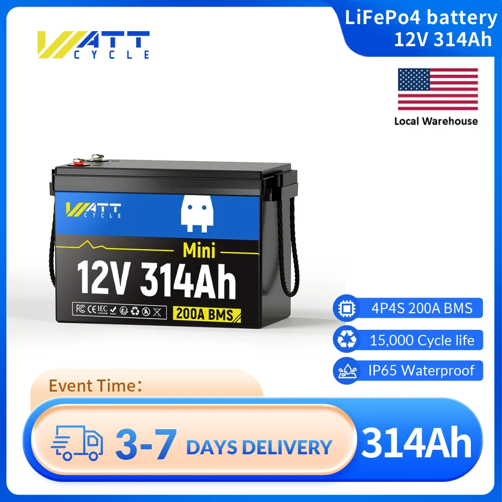 

Wattcycle 12V 314Ah Mini LiFePO4 литиевая батарея 200A BMS, энергопотребление 4,01кВтч, для автофургонов, морских, лодок, 300ah + аккумулятор LiFePO4
