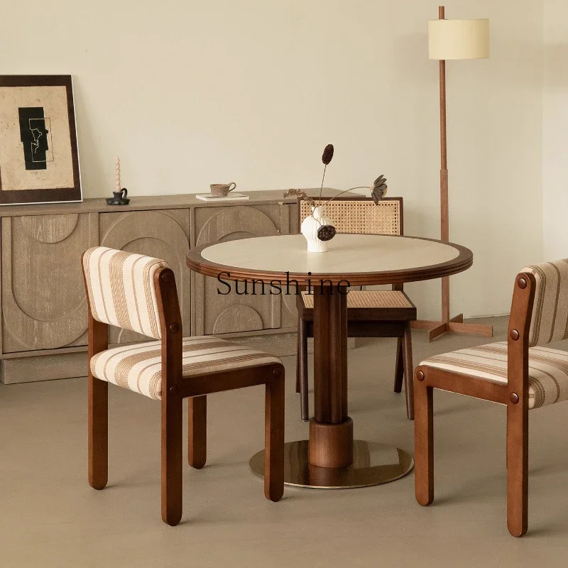 Medieval travertine rock slab solid wood dining table household small apartment round dining table