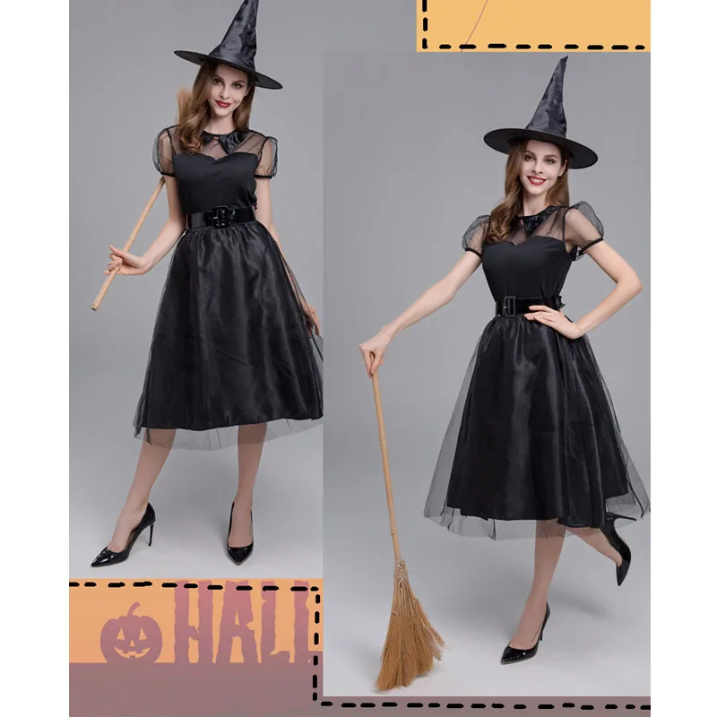 Ghost Game Costume Black Gauze Witch Dress Wizard dress Gothic Witch Dark Halloween Witch Dress Hat Belt Gloves