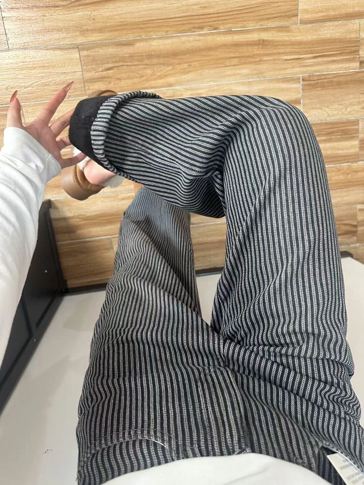 Thiened Fce 안감이 있는 따뜻한 데님 청바지 하이웨이스트 루즈 스트레이트 와이드 레그 팬츠 여성용 가을 겨울 신상품 Sle PmORh 브랜드