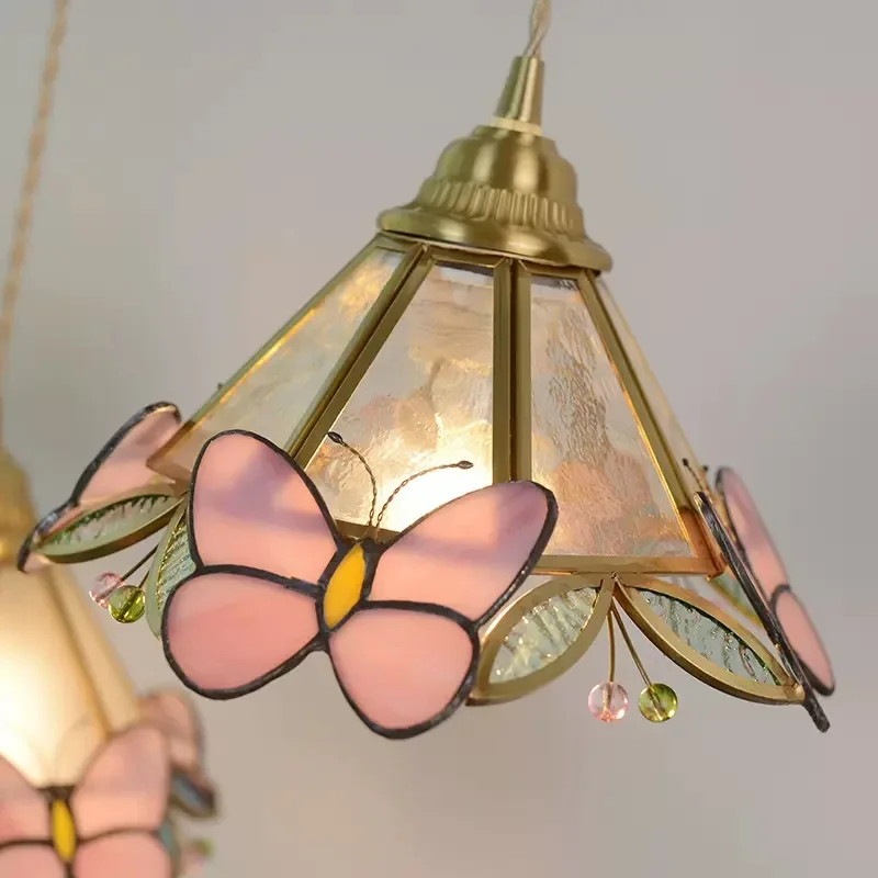 Retro Brass Hanging Light French Hand Soldered Glass Small Pendant Lamp Warm Bedside LED Pendant Light Pink Butterfly Chandelier