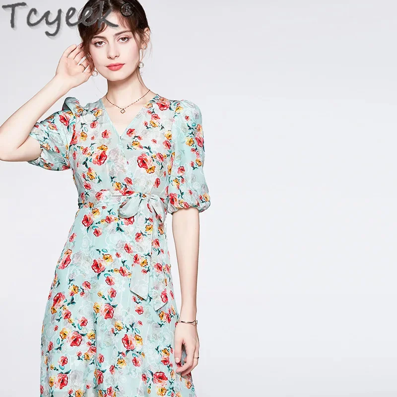 Tcyeek-vestido Midi de seda auténtica para mujer, ropa elegante de verano con cuello en V y cintura alta, 100%