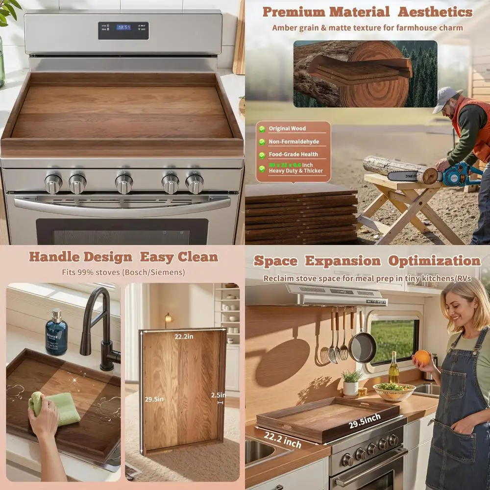 

Wooden Noodle Board with Handles, 30x22 Inch Kitchen Cutting Board for Electric Stovetops, RV-Friendly Acacia Wood Cover